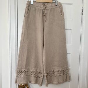 Wide leg cotton and linen cropped elastic waist pants